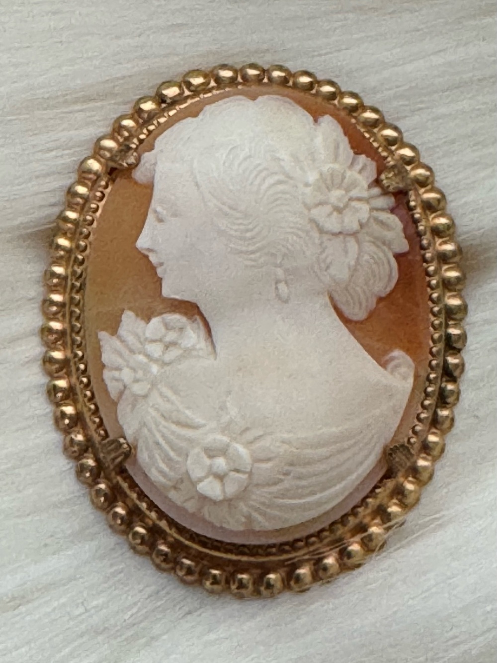 Vintage Cameo Portrait Brooch in White and Gold